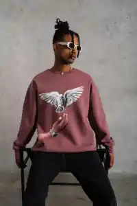 Erkek Güvercin Baskılı Bisiklet Yaka Sweatshirt 3 iplik pamuklu - Gül Kurusu