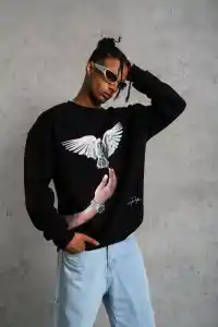 Erkek Güvercin Baskılı 3 iplik Bisiklet Yaka ipamuklu Sweatshirt - Siyah