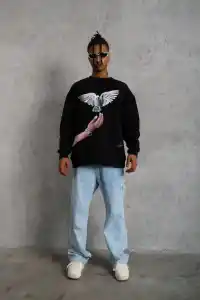 Erkek Güvercin Baskılı 3 iplik Bisiklet Yaka ipamuklu Sweatshirt - Siyah