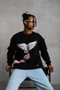 Erkek Güvercin Baskılı 3 iplik Bisiklet Yaka ipamuklu Sweatshirt - Siyah
