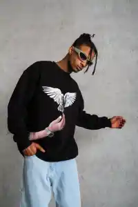 Erkek Güvercin Baskılı 3 iplik Bisiklet Yaka ipamuklu Sweatshirt - Siyah