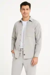 Erkek Kadife Oversize Takım Gömlek Pantolon İkili Set - Gri