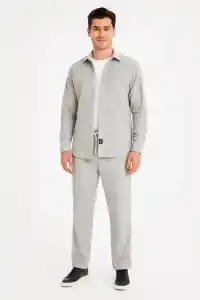 Erkek Kadife Oversize Takım Gömlek Pantolon İkili Set - Gri