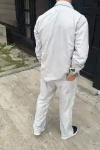 Erkek Kadife Oversize Takım Gömlek Pantolon İkili Set - Gri