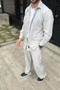 Erkek Kadife Oversize Takım Gömlek Pantolon İkili Set - Gri