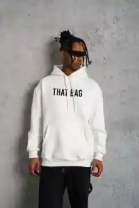 Erkek 3 İplik Pamuklu Kapüşonlu Baskılı Cepli Oversize Sweatshirt Hoodie - Beyaz