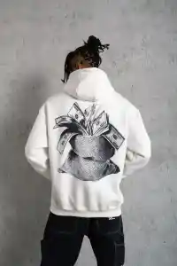 Erkek 3 İplik Pamuklu Kapüşonlu Baskılı Cepli Oversize Sweatshirt Hoodie - Beyaz