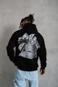 Erkek 3 İplik Pamuklu Kapüşonlu Baskılı Cepli Oversize Sweatshirt Hoodie - Siyah