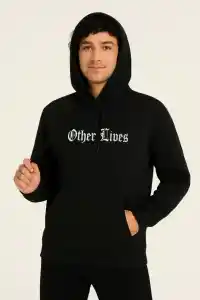 Erkek Kapüşonlu Kanguru Cepli Sweatshirt 3 İplik Pamuklu Baskılı Hoodie - Siyah