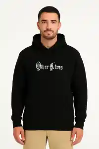 Erkek Kapüşonlu Kanguru Cepli Sweatshirt 3 İplik Pamuklu Baskılı Hoodie - Siyah