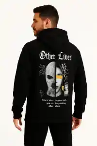 Erkek Kapüşonlu Kanguru Cepli Sweatshirt 3 İplik Pamuklu Baskılı Hoodie - Siyah