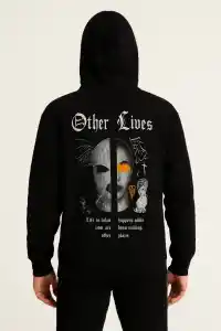Erkek Kapüşonlu Kanguru Cepli Sweatshirt 3 İplik Pamuklu Baskılı Hoodie - Siyah