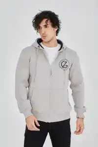 Erkek 3 İplik Pamuklu Fermuarlı Kapüşonlu Kanguru Cepli Hoodie - Boyalı Gri