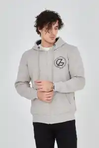 Erkek 3 İplik Pamuklu Fermuarlı Kapüşonlu Kanguru Cepli Hoodie - Boyalı Gri