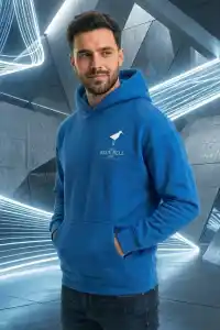 Erkek Baskılı Kapüşonlu Cepli Hoodie 3 İplik Pamuklu Sweatshirt - Saks Mavisii