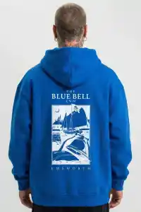 Erkek Baskılı Kapüşonlu Cepli Hoodie 3 İplik Pamuklu Sweatshirt - Saks Mavisii