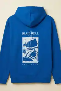 Erkek Baskılı Kapüşonlu Cepli Hoodie 3 İplik Pamuklu Sweatshirt - Saks Mavisii