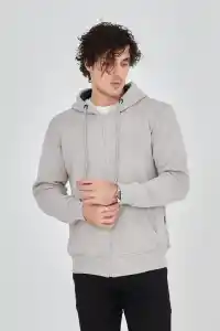 Erkek 3 İplik Pamuklu Fermuarlı Kapüşonlu Kanguru Cepli Hoodie Hırka Sweatshirt - Boyalı Gri