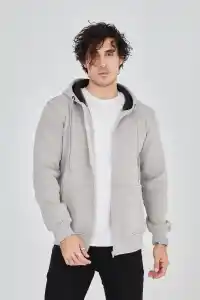 Erkek 3 İplik Pamuklu Fermuarlı Kapüşonlu Kanguru Cepli Hoodie Hırka Sweatshirt - Boyalı Gri