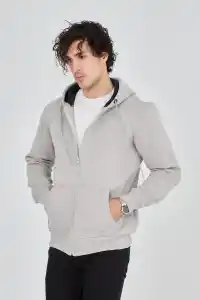 Erkek 3 İplik Pamuklu Fermuarlı Kapüşonlu Kanguru Cepli Hoodie Hırka Sweatshirt - Boyalı Gri