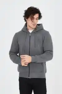 Erkek 3 İplik Pamuklu Fermuarlı Kapüşonlu Kanguru Cepli Hoodie Hırka Sweatshirt - Füme