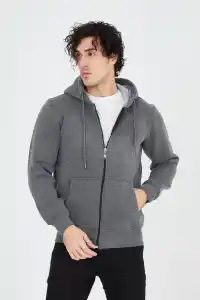 Erkek 3 İplik Pamuklu Fermuarlı Kapüşonlu Kanguru Cepli Hoodie Hırka Sweatshirt - Füme