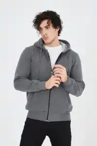 Erkek 3 İplik Pamuklu Fermuarlı Kapüşonlu Kanguru Cepli Hoodie Hırka Sweatshirt - Füme