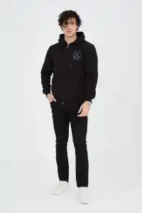 Erkek 3 İplik Pamuklu Fermuarlı Kapüşonlu Kanguru Cepli Baskılı Hoodie Hırka Sweatshirt - Siyah