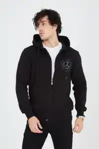 Erkek 3 İplik Pamuklu Fermuarlı Kapüşonlu Kanguru Cepli Baskılı Hoodie Hırka Sweatshirt - Siyah