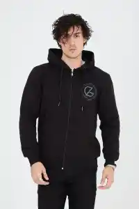 Erkek 3 İplik Pamuklu Fermuarlı Kapüşonlu Kanguru Cepli Baskılı Hoodie Hırka Sweatshirt - Siyah