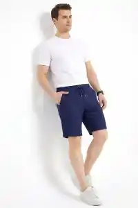 Erkek Keten Kumaş Cepli Rahat Kesim Bel Lastikli Şort - Lacivert