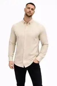 Erkek KETEN Kumaş  Uzun Kollu Regular fit Gömlek - Bej