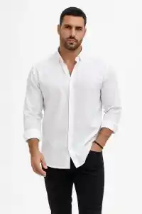 Erkek KETEN Kumaş Uzun Kollu Regular fit Gömlek - Beyaz