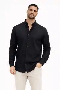 Erkek KETEN Kumaş Uzun Kollu Regular Fit Gömlek - Siyah