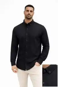 Erkek KETEN Kumaş Uzun Kollu Regular Fit Gömlek - Siyah