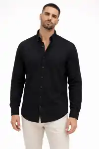 Erkek KETEN Kumaş Uzun Kollu Regular Fit Gömlek - Siyah