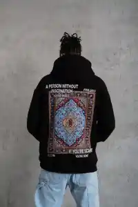 Erkek 3 İplik Pamuklu Kapüşonlu Baskılı Cepli Oversize Sweatshirt Hoodie - Siyah