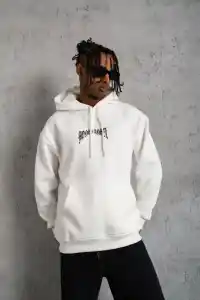 Erkek 3 İplik Pamuklu Baskılı Kapüşonlu Cepli Sweatshirt Hoodie - Beyaz