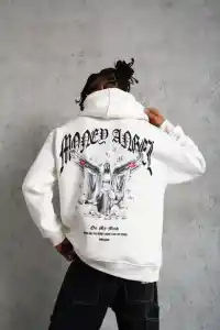 Erkek 3 İplik Pamuklu Baskılı Kapüşonlu Cepli Sweatshirt Hoodie - Beyaz