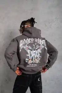 Erkek 3 İplik Pamuklu Baskılı Kapüşonlu Cepli Sweatshirt Hoodie - Füme