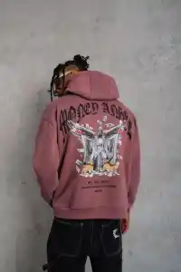 Erkek 3 İplik Pamuklu Baskılı Kapüşonlu Cepli Sweatshirt Hoodie - Gül Kurusu