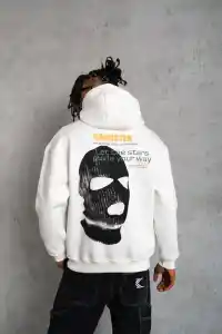 Erkek Maske Baskılı 3 iplik pamuklu Kapüşonlu Sweatshirt hoodie - Beyaz