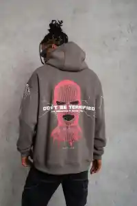 Erkek 3 İplik Pamuklu Kapüşonlu Baskılı Cepli Oversize Sweatshirt Hoodie - Gri