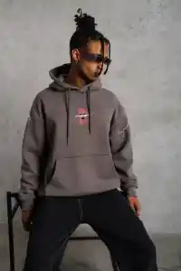 Erkek 3 İplik Pamuklu Kapüşonlu Baskılı Cepli Oversize Sweatshirt Hoodie - Gri