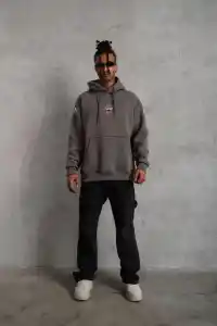 Erkek 3 İplik Pamuklu Kapüşonlu Baskılı Cepli Oversize Sweatshirt Hoodie - Gri