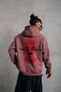 Erkek 3 İplik Pamuklu Kapüşonlu Baskılı Cepli Sweatshirt Hoodie - Gül Kurusu