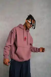 Erkek 3 İplik Pamuklu Kapüşonlu Baskılı Cepli Sweatshirt Hoodie - Gül Kurusu