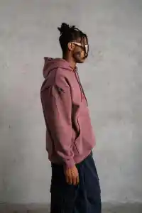 Erkek 3 İplik Pamuklu Kapüşonlu Baskılı Cepli Sweatshirt Hoodie - Gül Kurusu