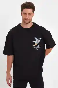 Erkek Melek Baskılı T-Shirt Kısa Kol Bisiklet Yaka Rahat Kalıp Günlük Tişört - Siyah