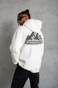 Erkek Nihilist Penguen Baskılı 3 İplik Pamuklu Kapüşonlu Sweatshirt Hoodie Beyaz